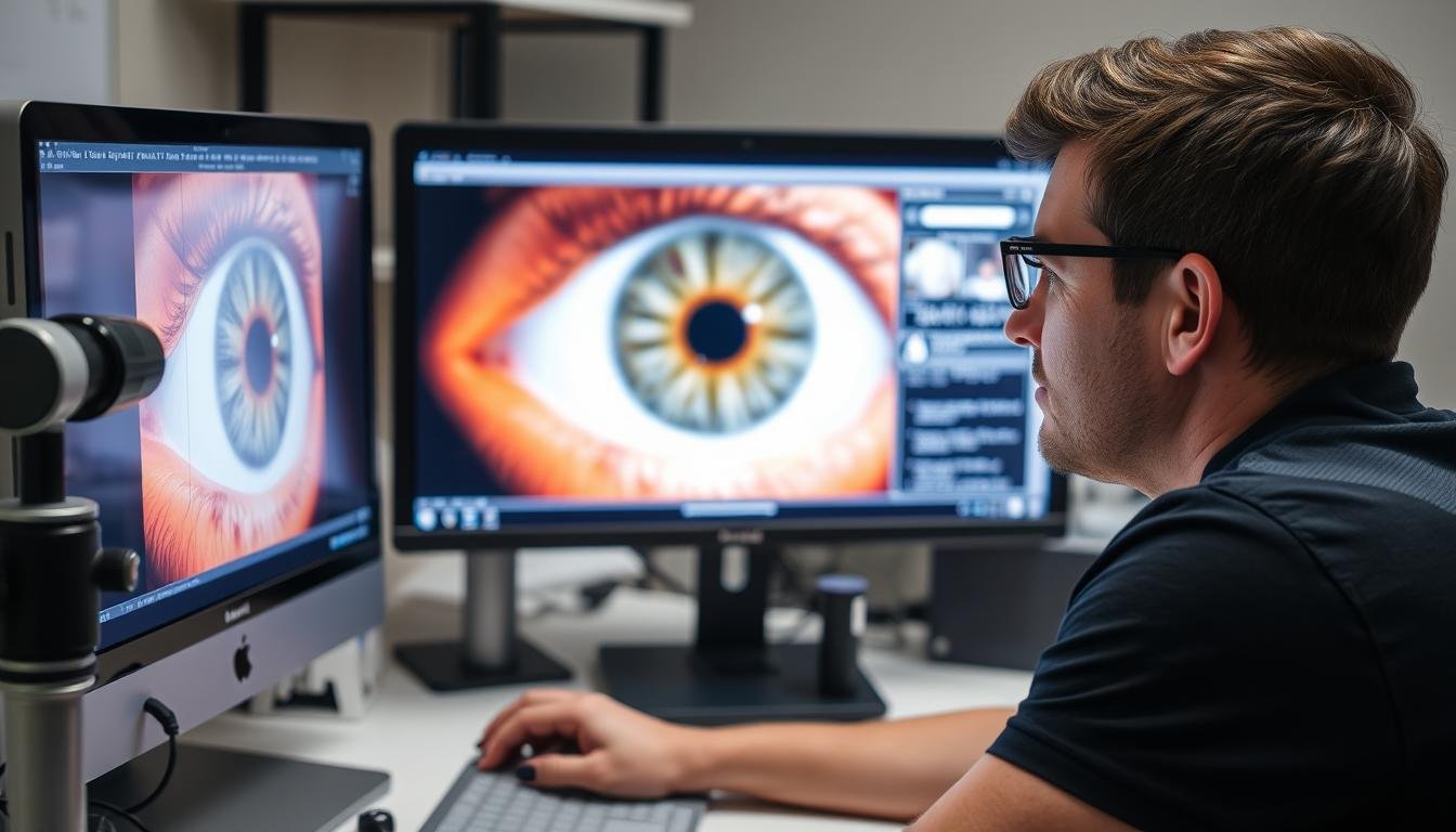 Advanced iridology student analyzing detailed iris photographs with instructor