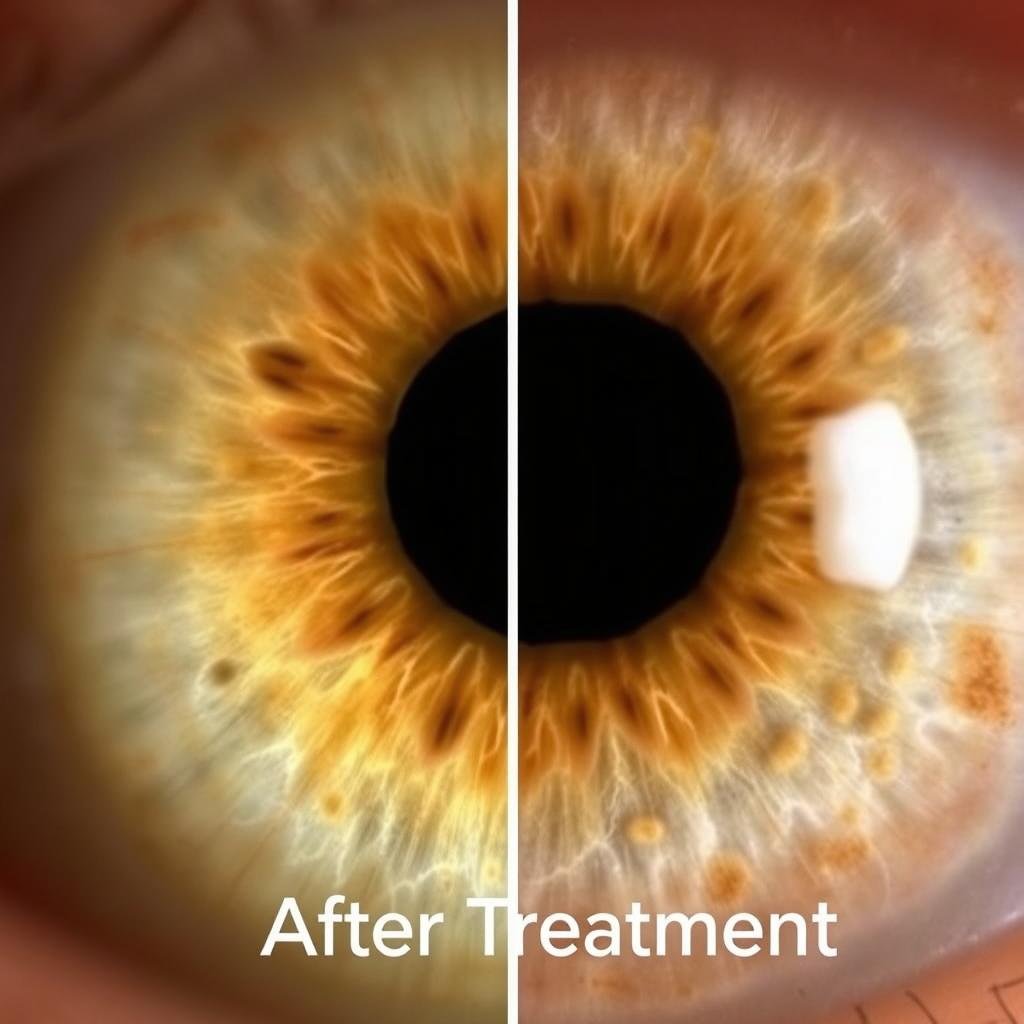 After: Same iris showing improved clarity in previously congested zones after detoxification protocol