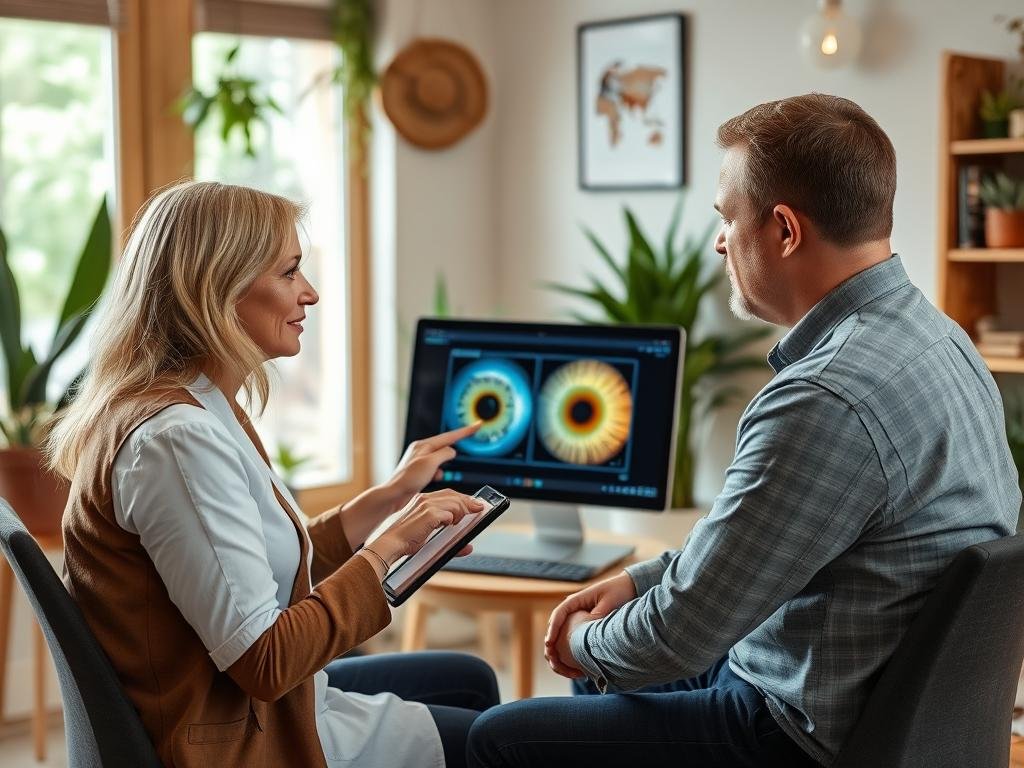 American iridologist consulting with a client in a holistic health center