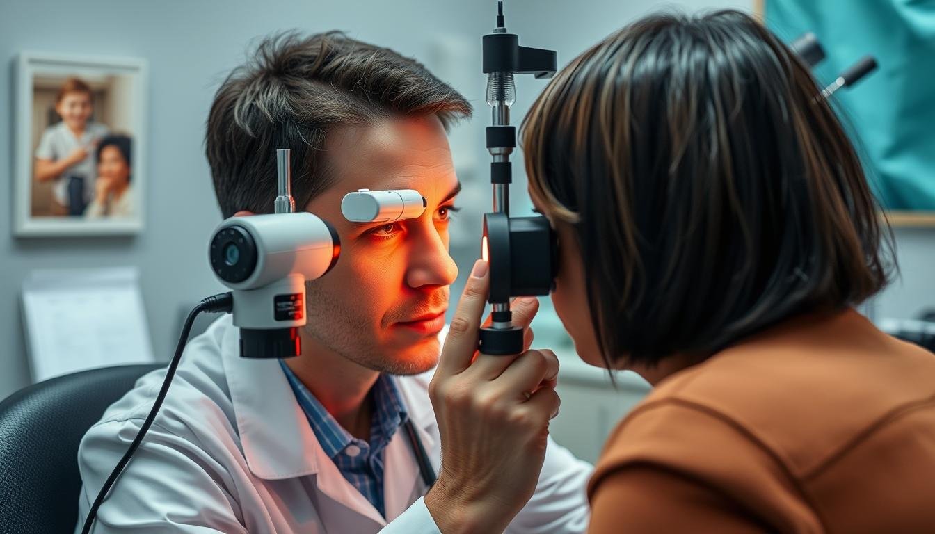 An Iridologist examining a patient's iris with specialized equipment