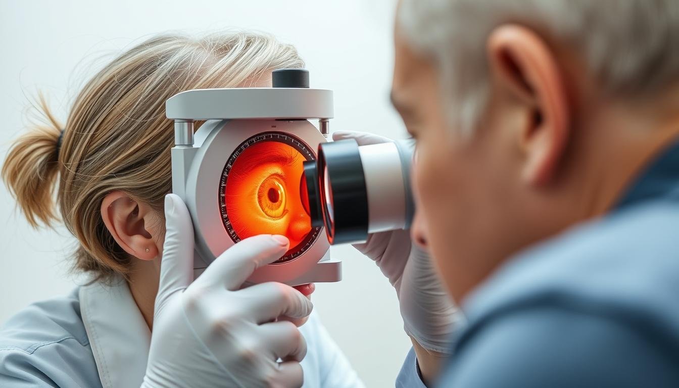 An Iridologist examining a patient's iris with specialized equipment