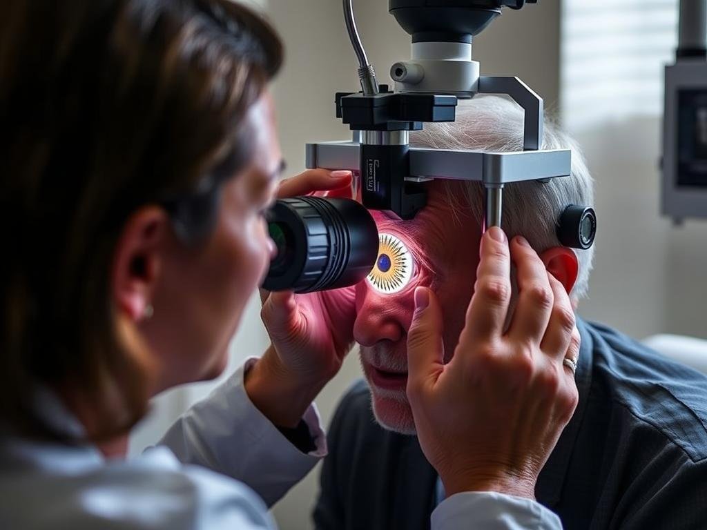 An iridologist conducting an examination using specialized equipment