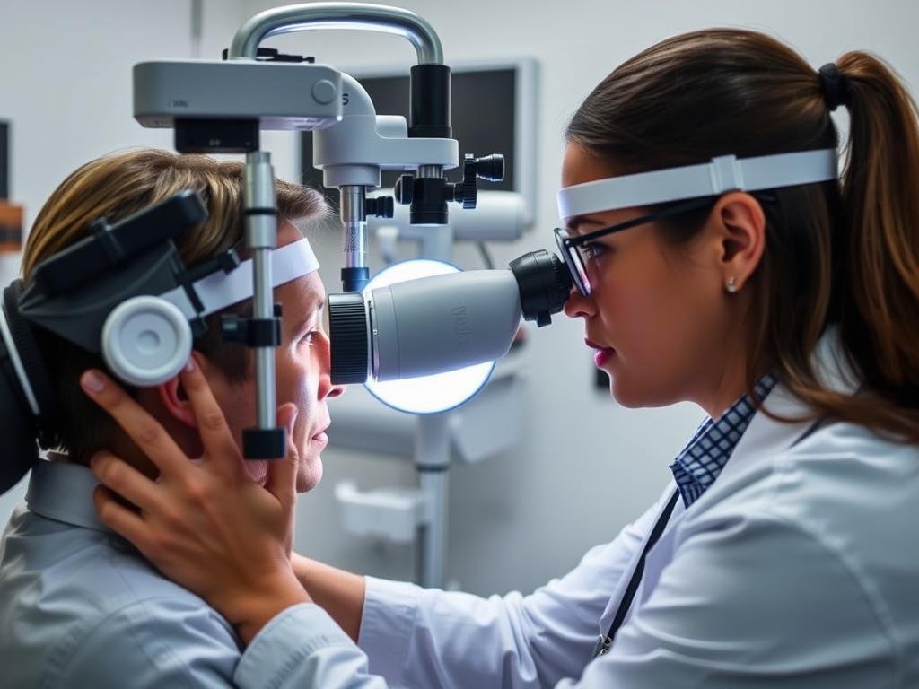 An iridologist examining a patient's iris with specialized equipment