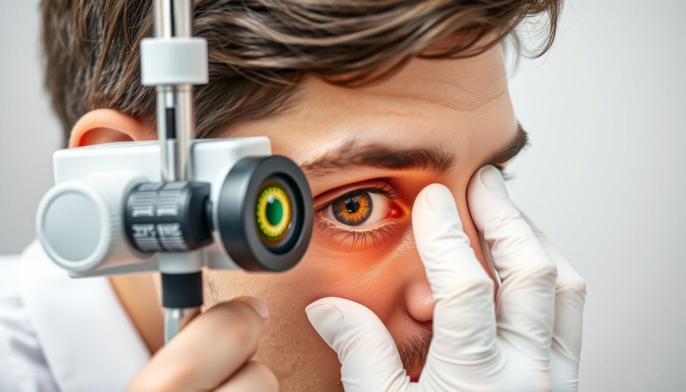 An iridologist examining a patient's iris with specialized equipment