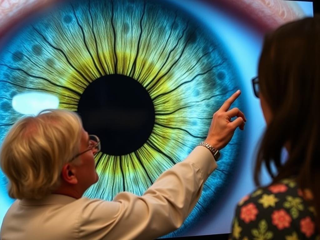 An iridologist identifying specific iris markings and explaining their interpretation