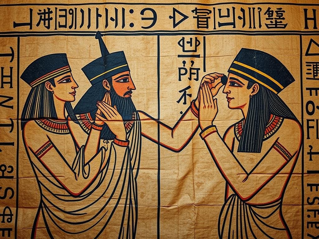 Ancient Egyptian hieroglyphics depicting eye examination techniques related to early Iridology Iris Diagnosis