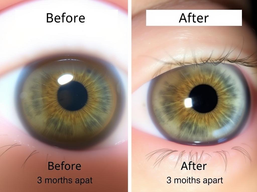 Before and after comparison of a right iris showing changes following health interventions based on Right Eye Iridology