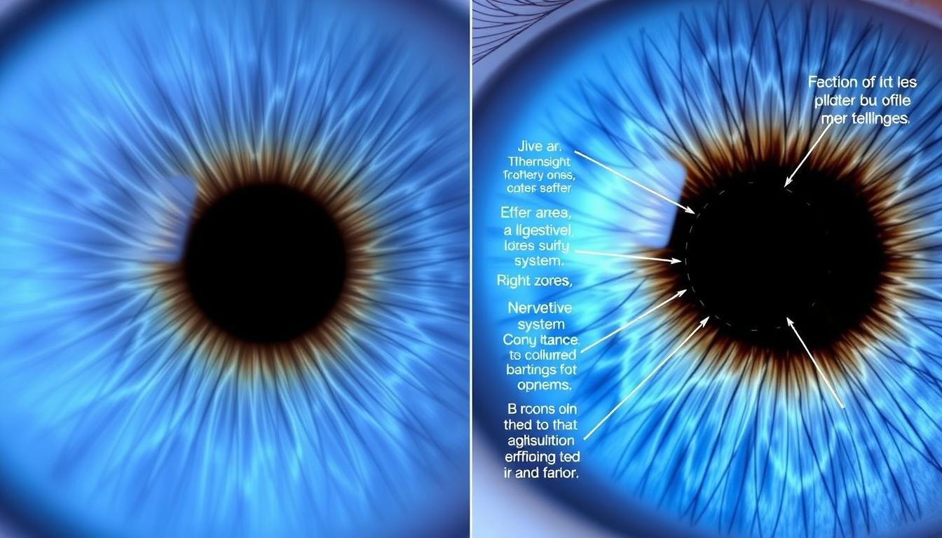 Before and after iridology analysis of a right eye with detailed interpretations
