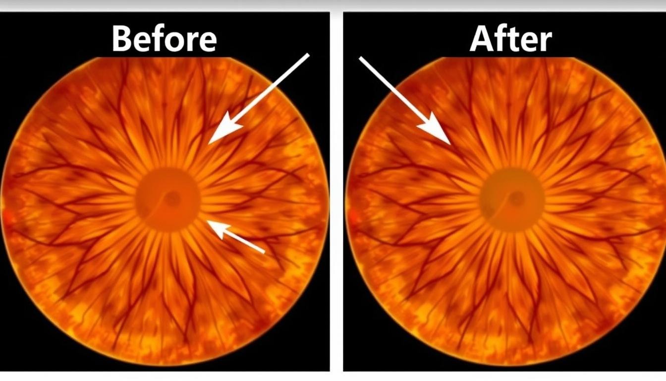 Before and after iris images showing changes following health interventions