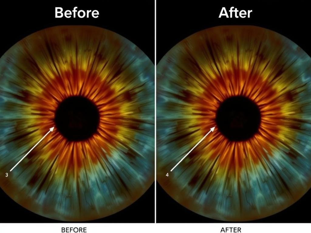 Before and after iris images showing changes following health interventions