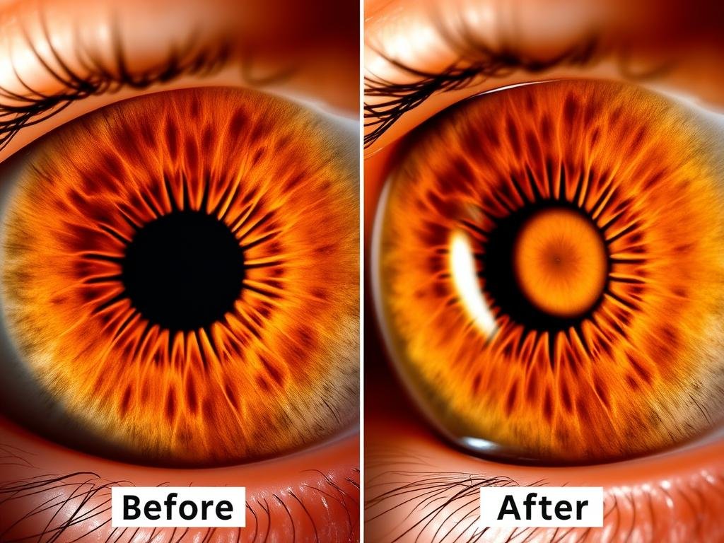 Before and after iris images showing changes following health interventions