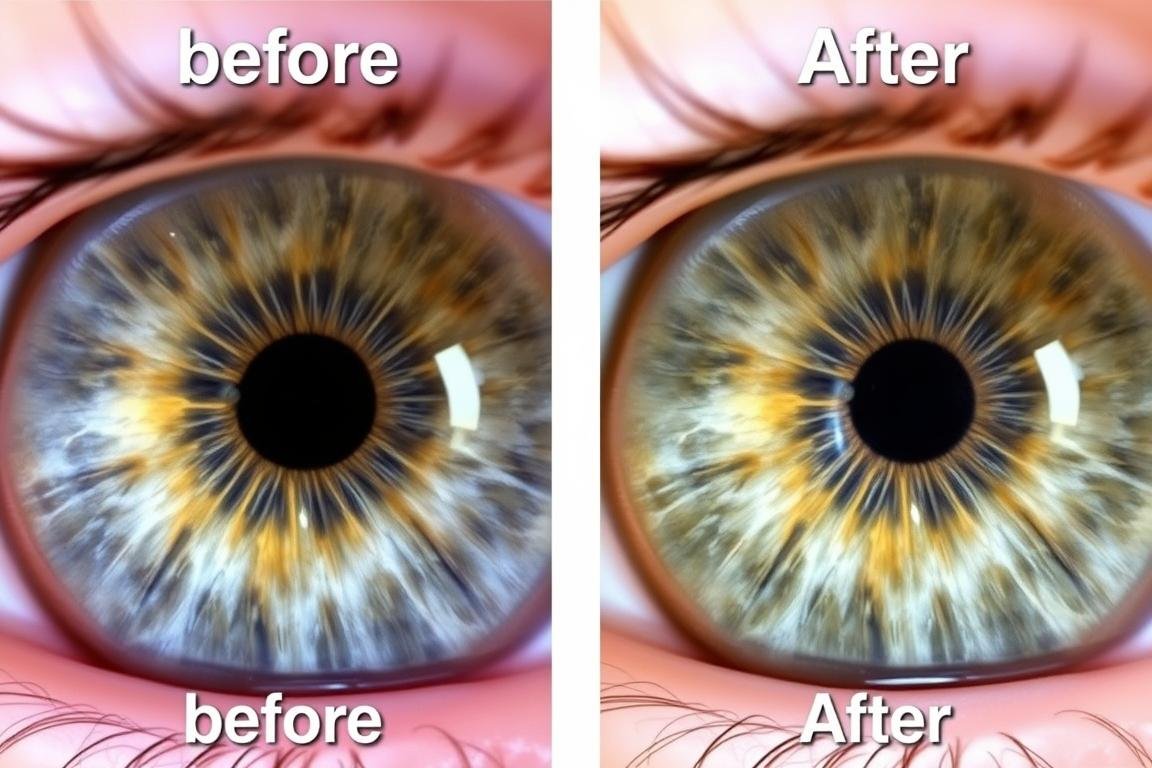 Before and after iris images showing potential changes following health interventions