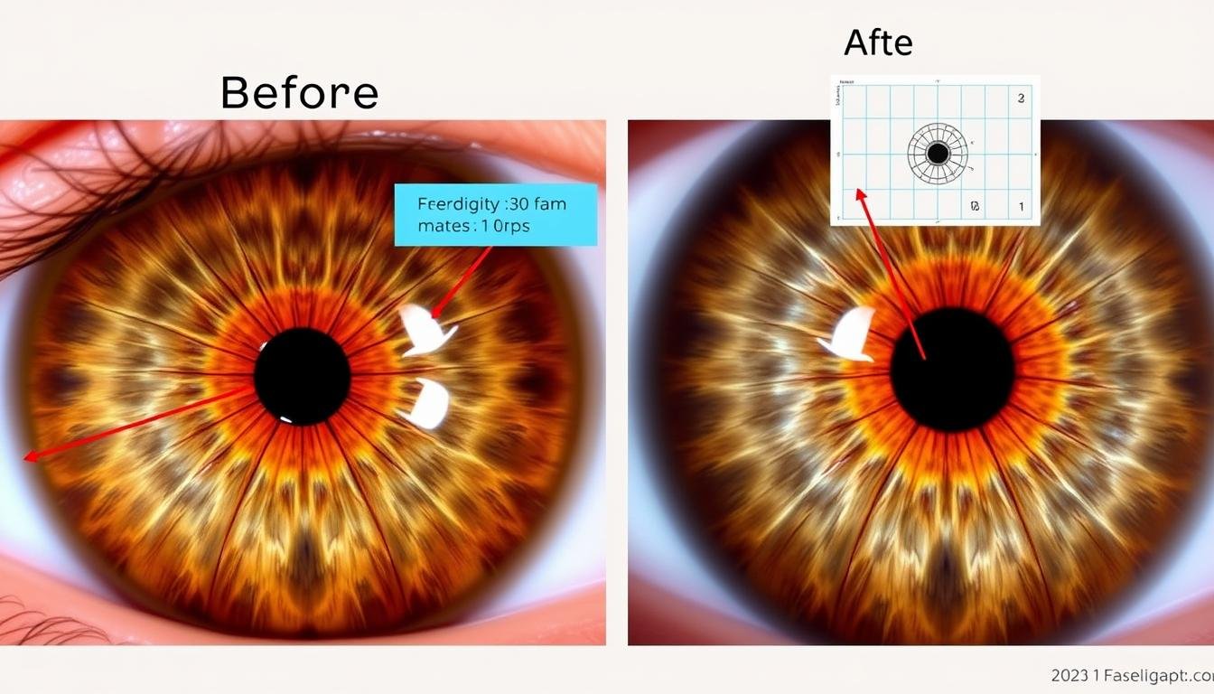Before and after iris photographs showing changes detected through iridology chart analysis