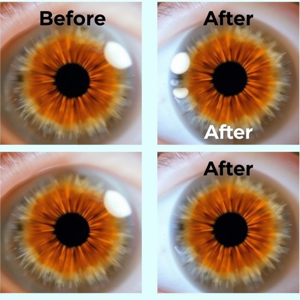 Before and after iris photographs showing changes following health improvements