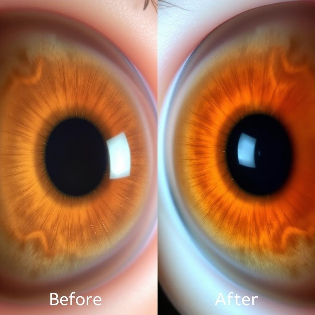 Before and after iris photographs showing changes following health interventions