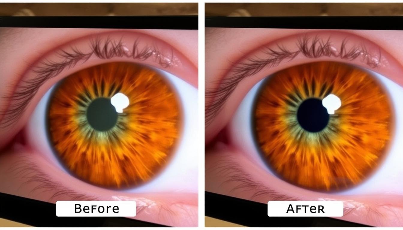 Before and after iris photographs showing changes following health interventions