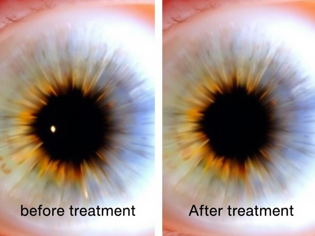Before and after iris photographs showing changes following holistic treatment