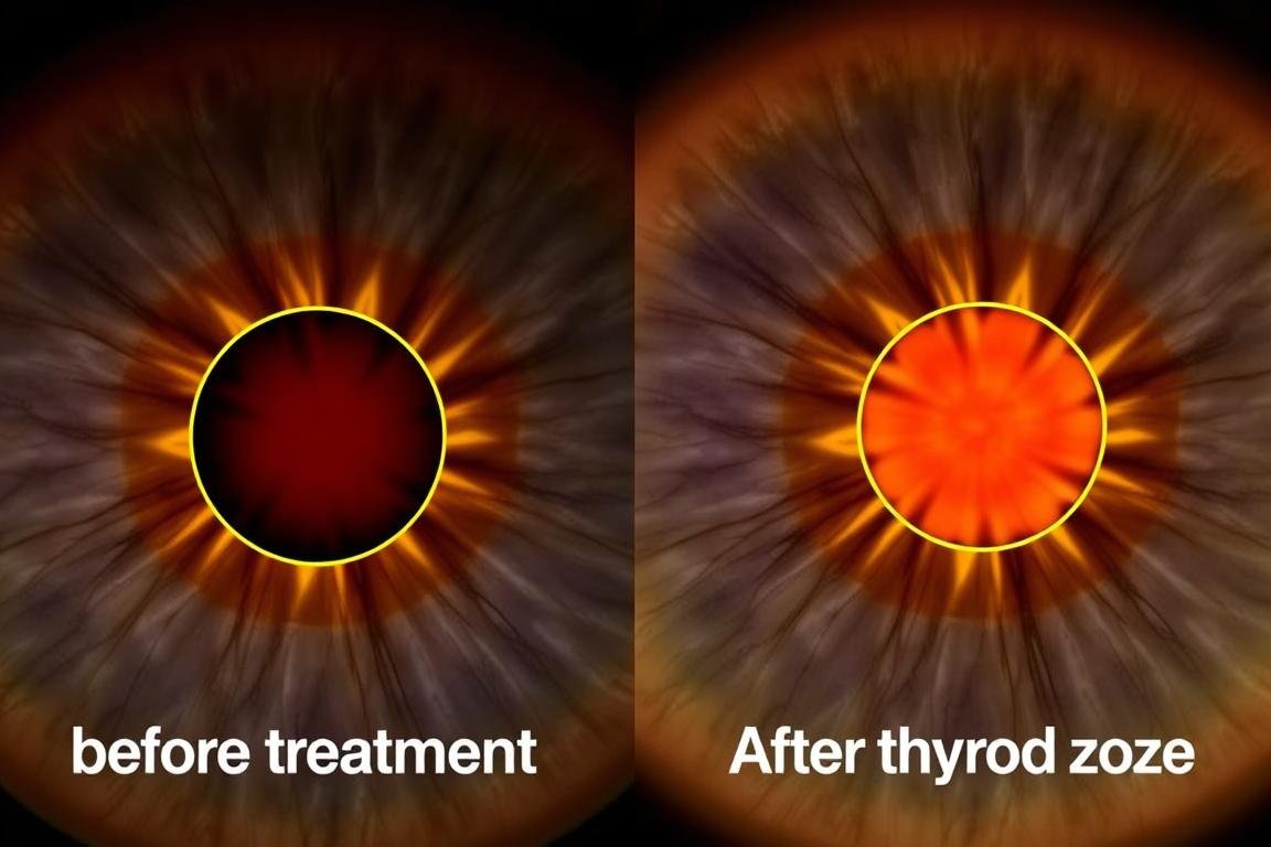 Before and after iris photos showing thyroid zone changes
