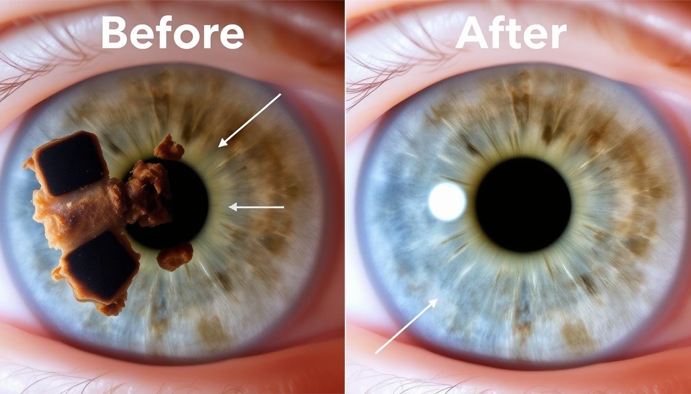 Before and after right iris images showing changes after health interventions