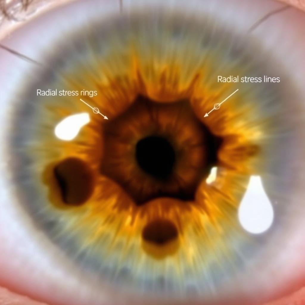 Before iridology chart showing stress patterns in iris