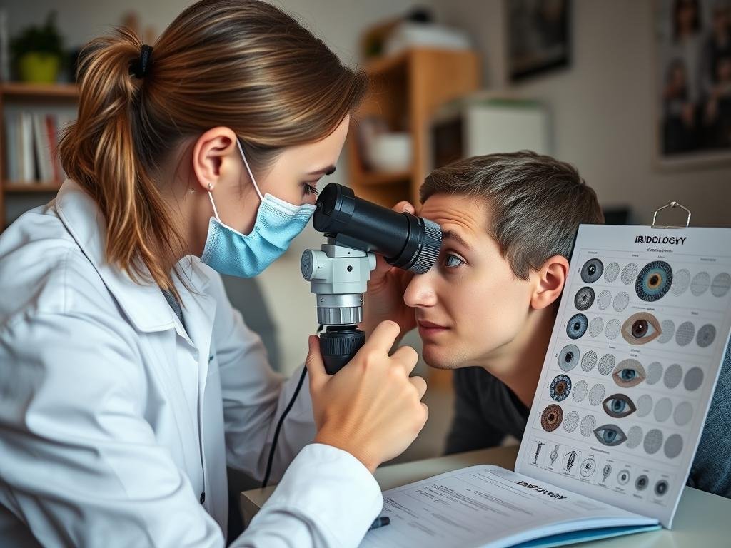 Beginner practicing iridology examination techniques