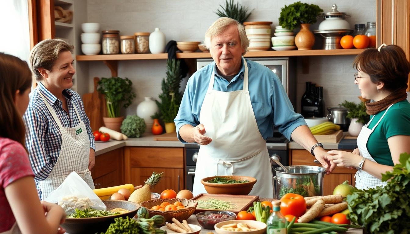 Bernard Jensen demonstrating food preparation techniques Bernard Jensen demonstrating food preparation techniques