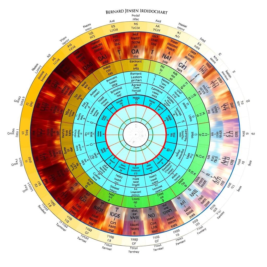 Bernard Jensen iridology chart showing iris markings and corresponding body systems Bernard Jensen iridology chart showing iris markings and corresponding body systems