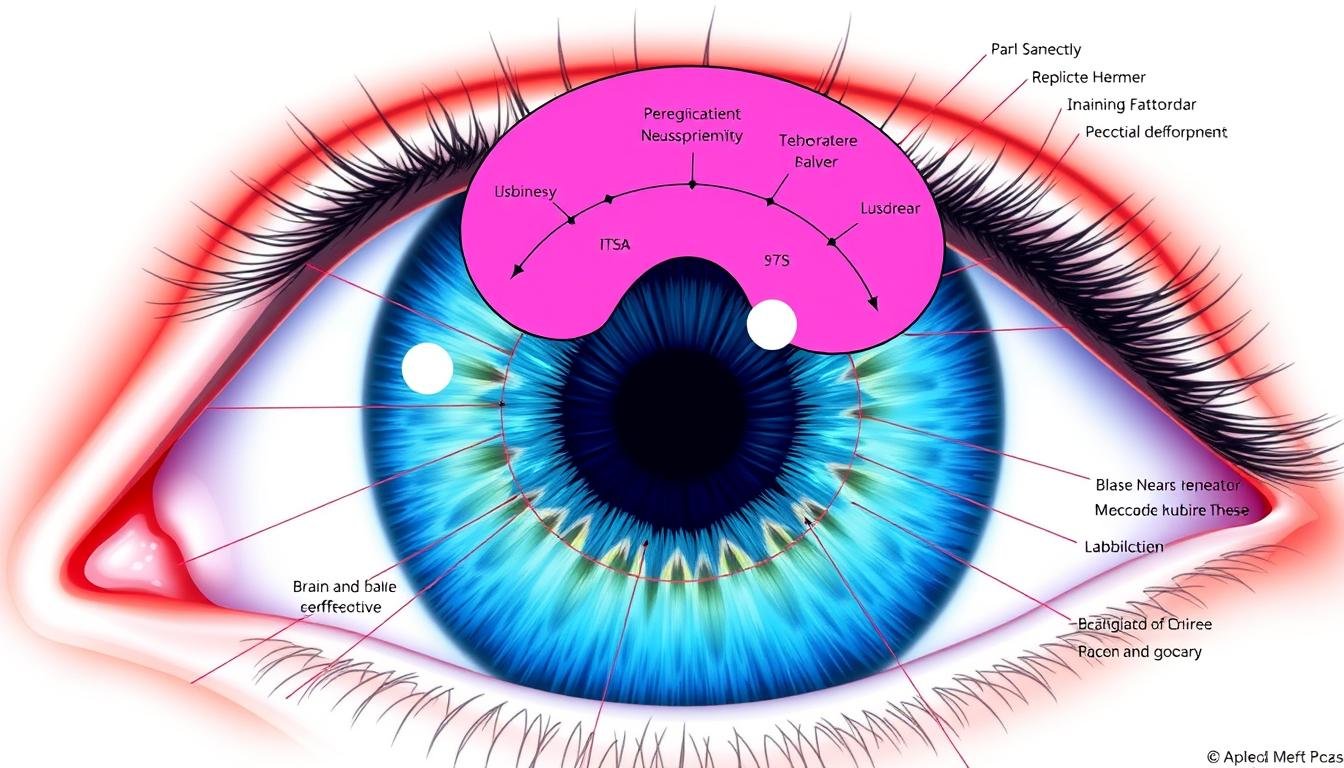 Brain and nervous system zones in the right eye iridology chart with detailed neural pathway connections