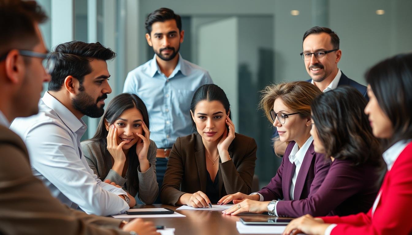 Business meeting with people from different cultures demonstrating various eye contact patterns
