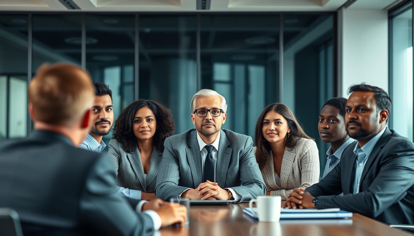 Business professionals using Eye Reading techniques in a meeting