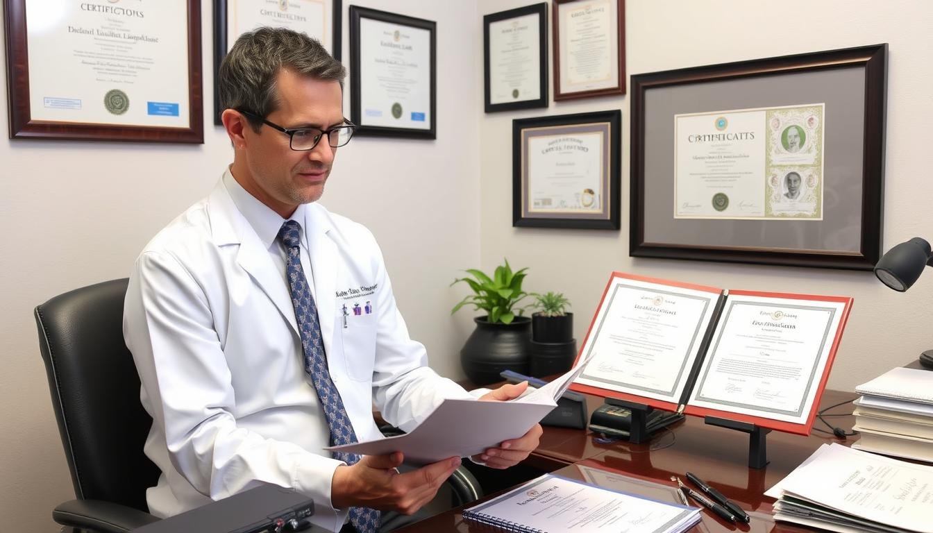 Certified Iridologist reviewing credentials and certification documents