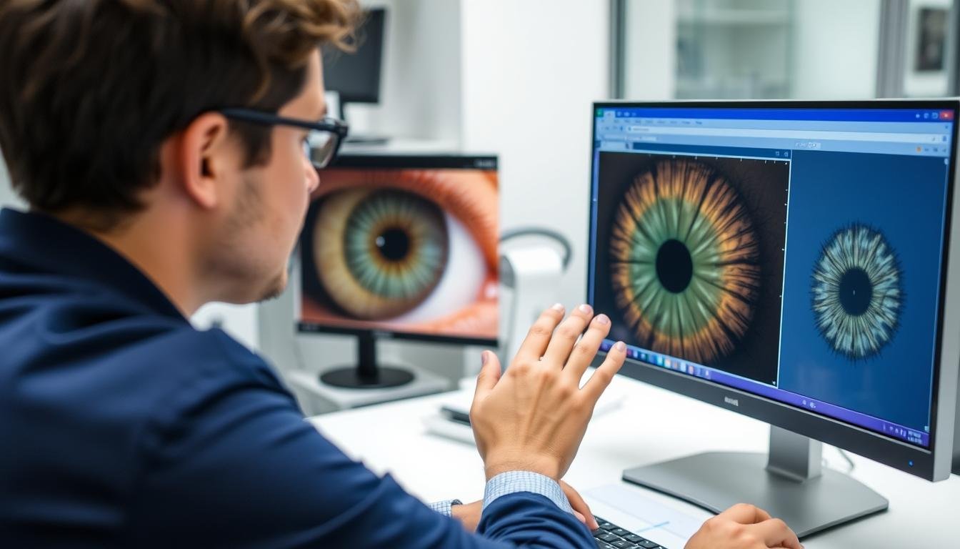 Certified iridologist analyzing iris photographs with professional equipment, demonstrating the technical skills gained through iridology certification