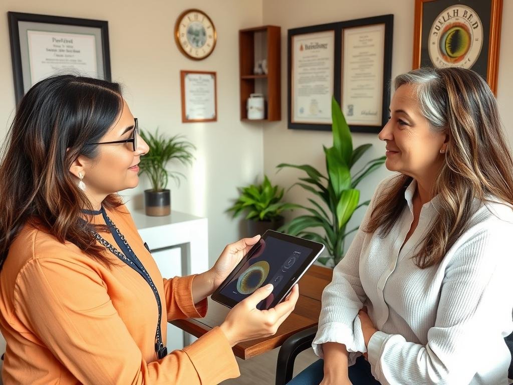 Certified iridologist consulting with a client in a professional holistic health setting