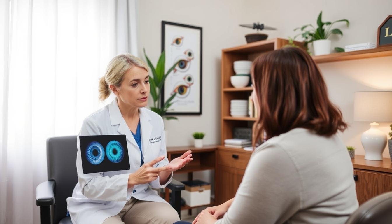 Certified iridologist working with a client in a professional wellness setting