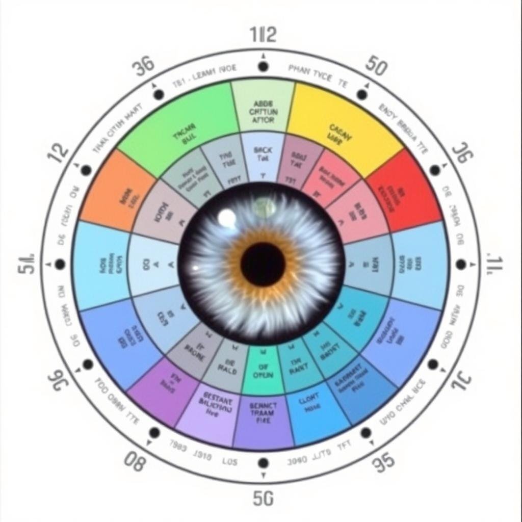 Clock-like division of Iridology Chart Right Eye with numbered positions corresponding to different organs