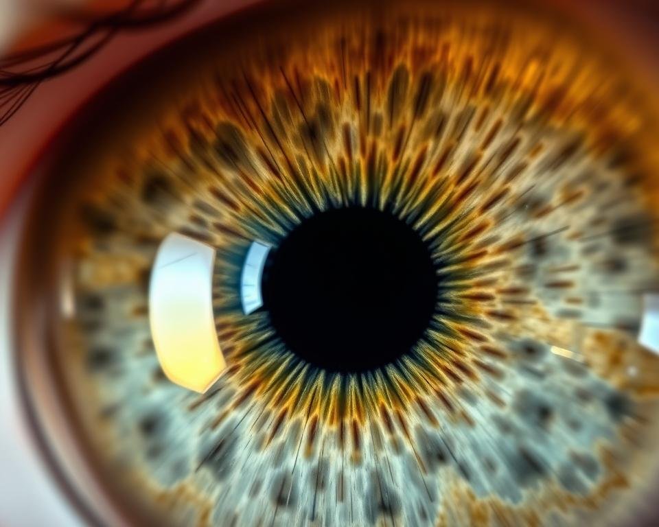 Close-up of a human iris showing detailed patterns and markings