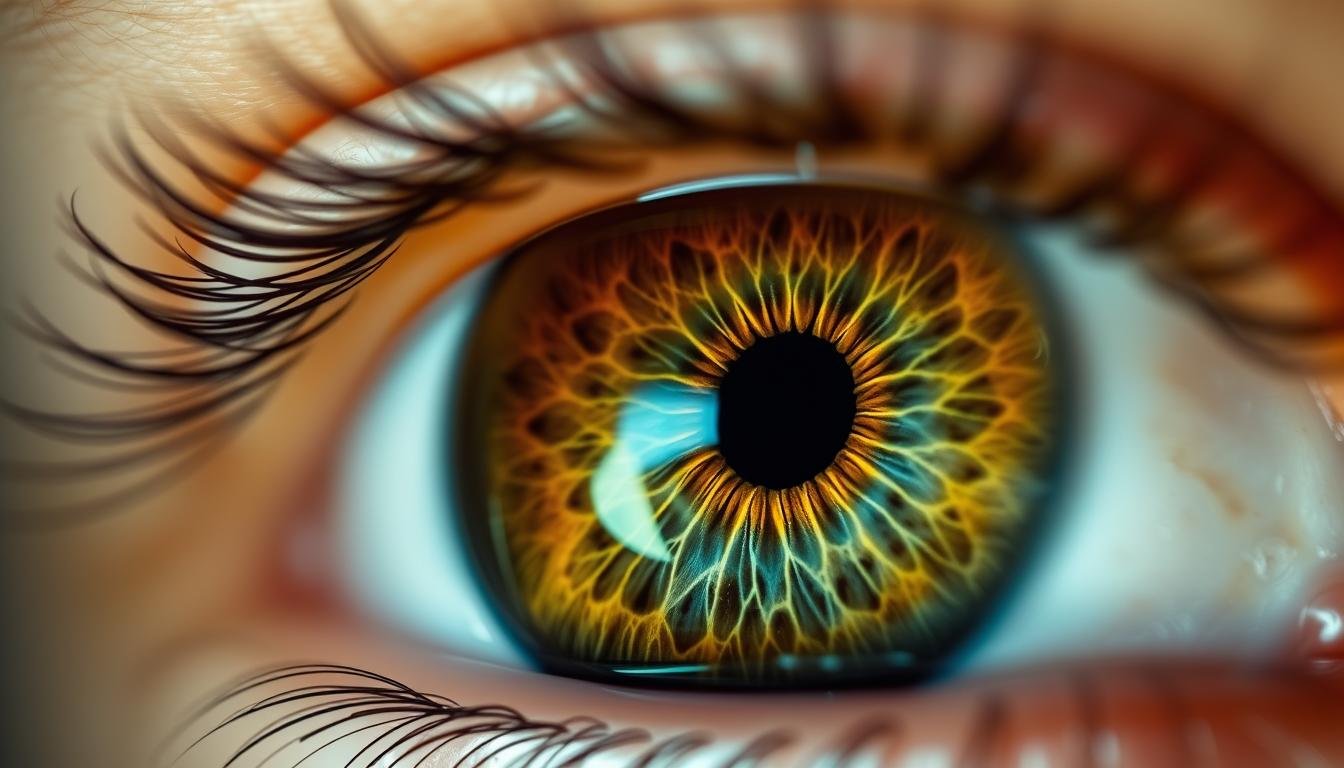 Close-up of a human iris showing detailed patterns used in Iridology Iris Diagnosis