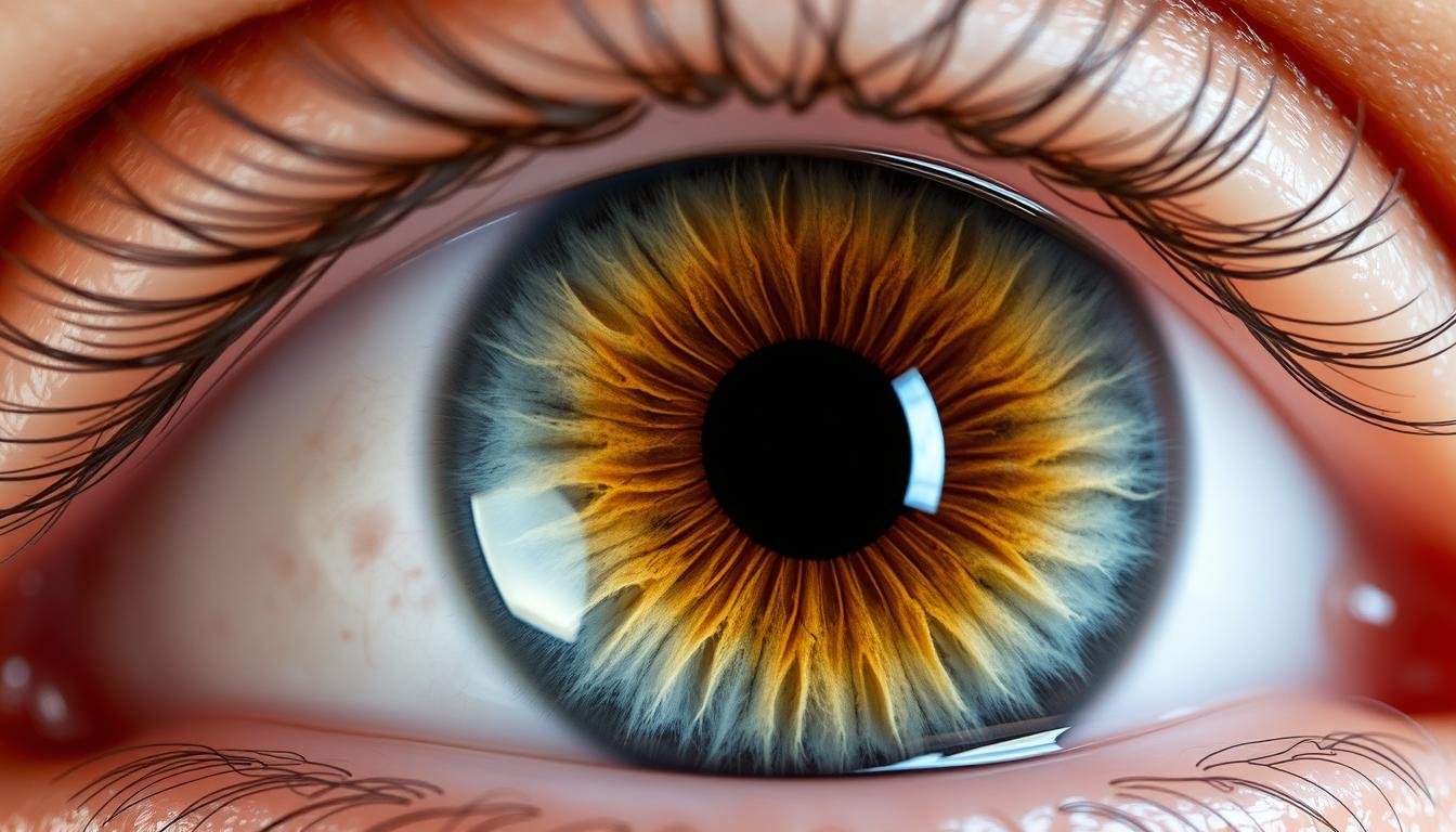Close-up of a human right eye iris showing detailed patterns and zones used in Right Eye Iridology
