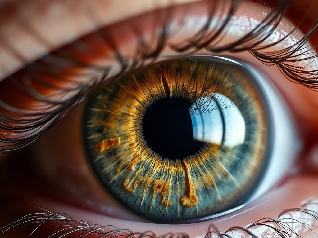 Close-up of a right eye with visible iris markings and patterns used in iridology Close-up of a right eye with visible iris markings and patterns used in iridology