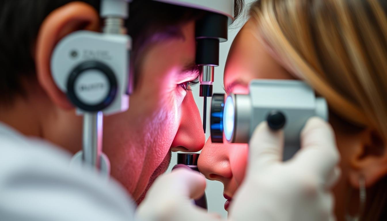 Close-up of an iridologist examining a patient's iris with specialized equipment