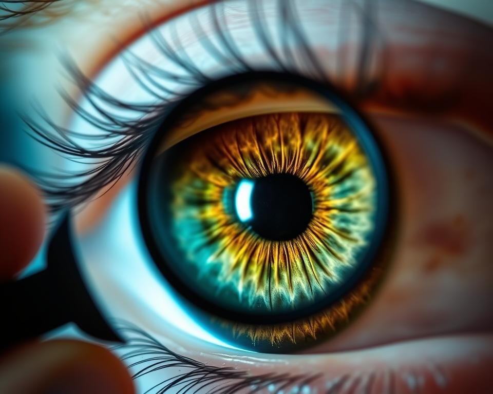 Close-up of an iris being examined for health assessment by an iridologist
