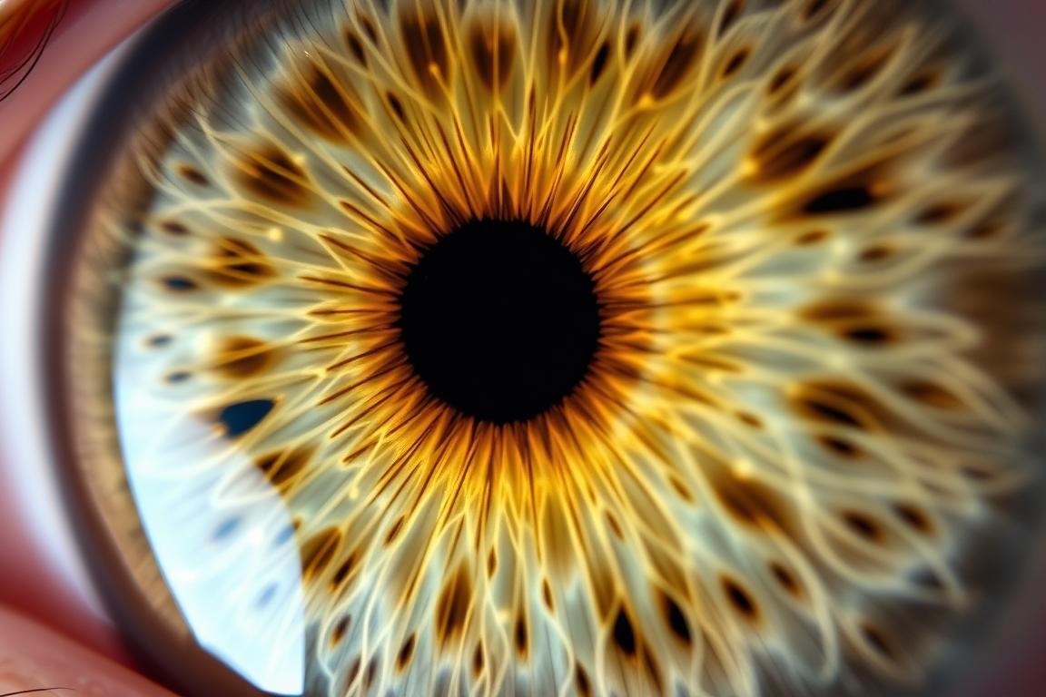 Close-up of an iris showing distinct patterns that Iridologists analyze