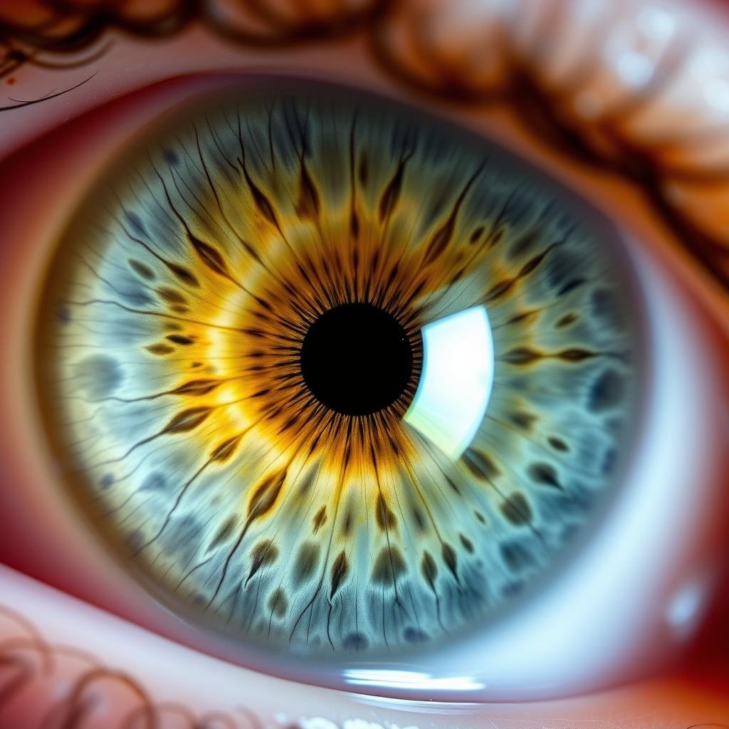 Close-up of an iris showing various markings that Iridologists interpret
