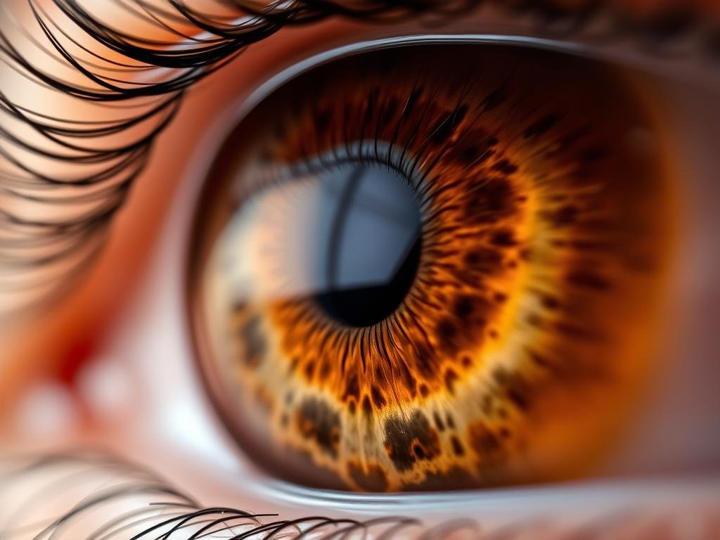 Close-up of brown iris showing hematogenic constitution patterns