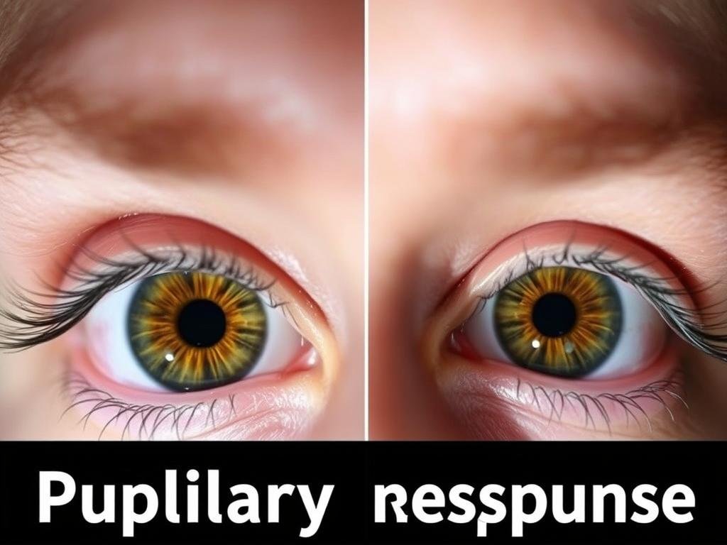 Close-up of eyes with pupils in different states of dilation with scientific measurement tools