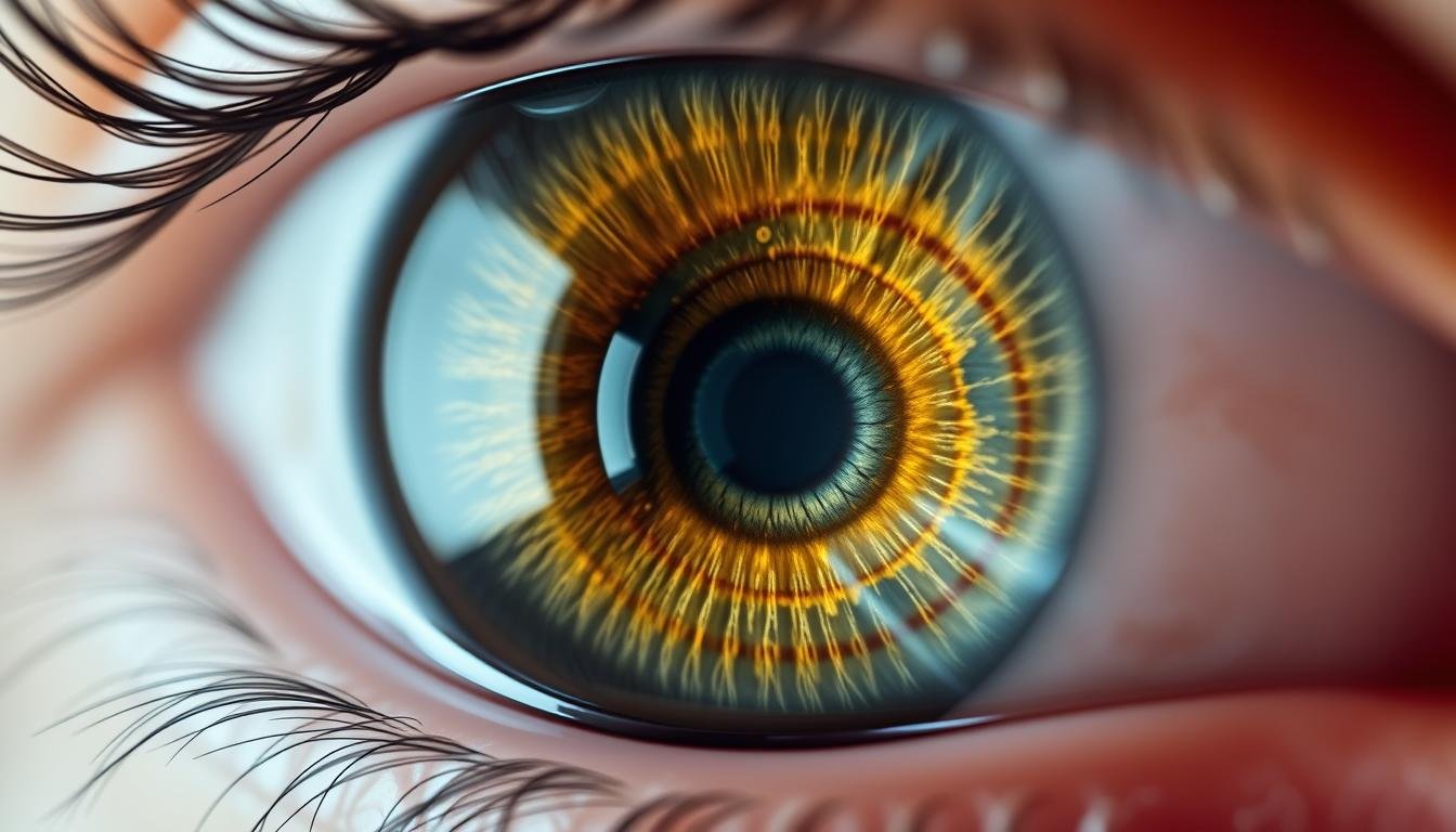 Close-up of human eye showing visible stress rings in iris