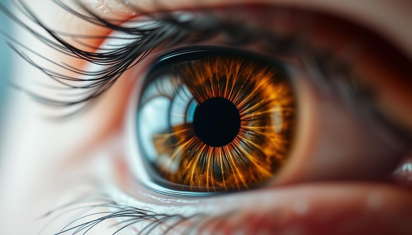 Close-up of human eye with visible iris patterns used in eye reading analysis