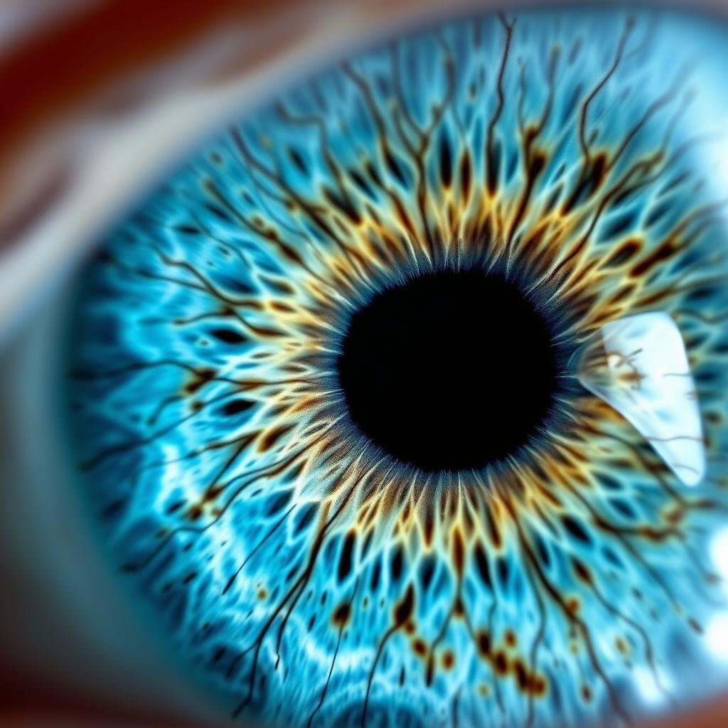 Close-up of human iris being examined for iridology patterns