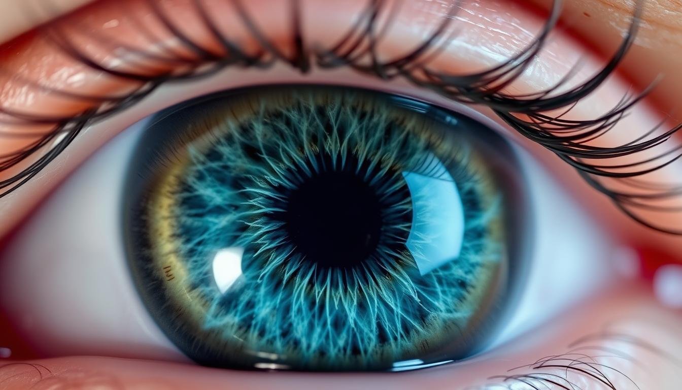 Close-up of human iris showing detailed patterns used in Iridology Iris Diagnosis