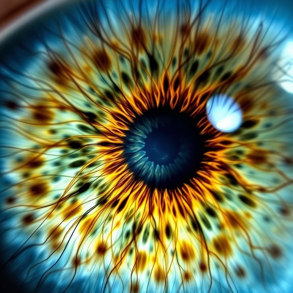 Close-up of human iris showing detailed patterns used in iridology